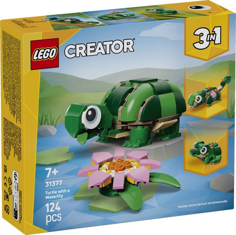 LEGO Creator 31377 3in1 Tartaruga con Fiore di Ninfea, Animale Giocattolo Trasformabile in Camaleonte o Rana