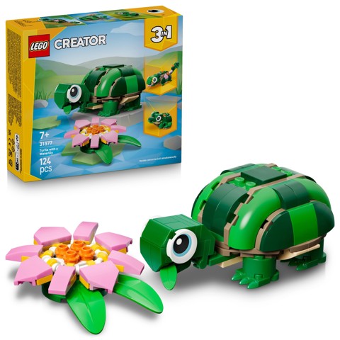 LEGO Creator 31377 3in1 Tartaruga con Fiore di Ninfea, Animale Giocattolo Trasformabile in Camaleonte o Rana