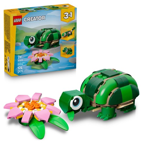 LEGO Creator 31377 3in1 Tartaruga con Fiore di Ninfea, Animale Giocattolo Trasformabile in Camaleonte o Rana