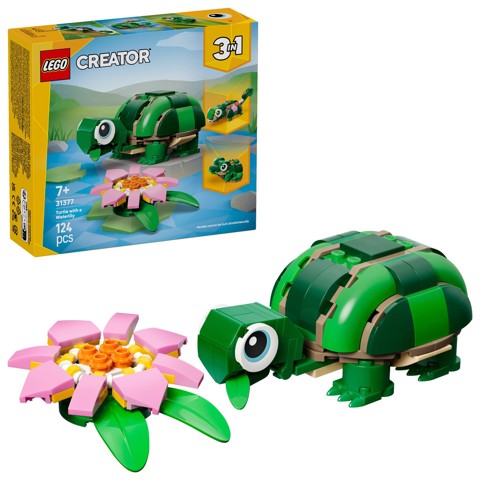 LEGO Creator 31377 3in1 Tartaruga con Fiore di Ninfea, Animale Giocattolo Trasformabile in Camaleonte o Rana