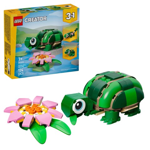 LEGO Creator 31377 3in1 Tartaruga con Fiore di Ninfea, Animale Giocattolo Trasformabile in Camaleonte o Rana