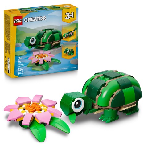 LEGO Creator 31377 3in1 Tartaruga con Fiore di Ninfea, Animale Giocattolo Trasformabile in Camaleonte o Rana, Regalo 7+ Anni