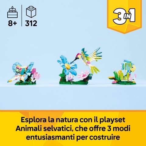 LEGO Creator 31384 3in1 Animali Selvatici: Colibrì Variopinto, Uccello Giocattolo Trasformabile in Farfalla o Pesce, per 8+