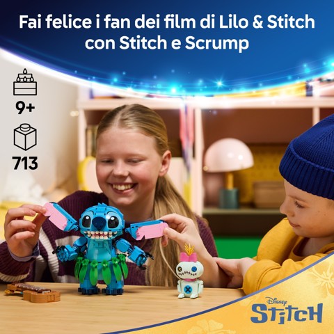LEGO Disney | 43296 Stitch e Scrump, 2 Action Figure Giocattolo con Accessori, Decorazione Cameretta, Regalo per Bambini 9+
