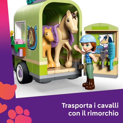 LEGO Friends 42695 Rimorchio per Cavallo e Puledro, con Cavallo Giocattolo, Pony, Accessori, Auto, 2 Mini Bamboline, Regalo 7+