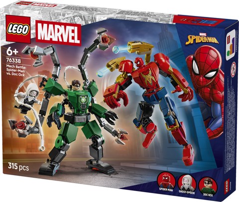 LEGO Marvel | 76338 Battaglia Mech: Spider-Man vs. Doc Ock, Giocattolo da Supereroi, 2 Action Figure, 3 Minifigure, Regalo 6+