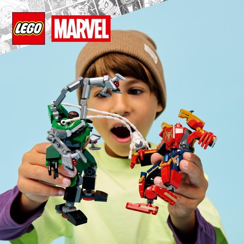 LEGO Marvel | 76338 Battaglia Mech: Spider-Man vs. Doc Ock, Giocattolo da Supereroi, 2 Action Figure, 3 Minifigure, Regalo 6+