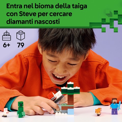 LEGO Minecraft 21583 Avventura di Steve nella Taiga, Giocattolo con Minifigure di Steve e Spada di Diamante, Regalo Gamer 6+