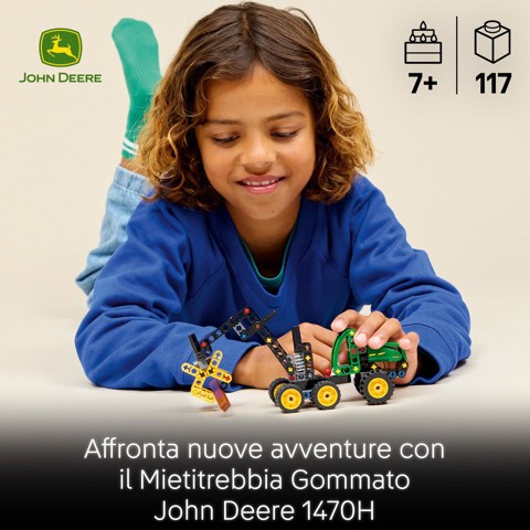 LEGO Technic 42218 Mietitrebbia Gommato John Deere 1470H, Veicolo Giocattolo da Cantiere, Braccio Rotante e Pinza, Regalo 7+