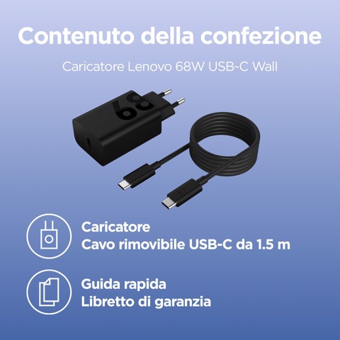 Lenovo 68W USB-C GaN Wall Charger, alimentatore da Parete USB-C 68W con Cavo 1,5m 6A, Caricabatterie a Ricarica Rapida e Sicura per Tablet, PC e Dispositivi Compatibili