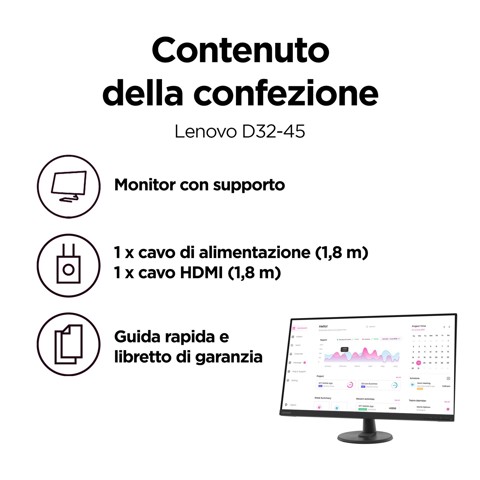 Lenovo D32-40 - Monitor 31.5" VA Flat FHD 1920x1080 0 60Hz 4ms - 1xHDMI 1.4 + 1xDP 1.2 - Stand Tilt Cavo HDMI incluso