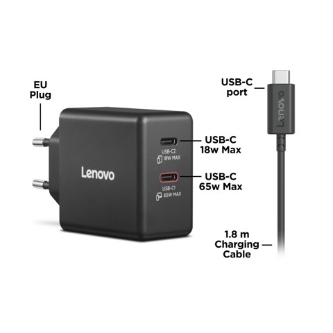 Lenovo Dual USB-C 65W GaN Charger, alimentatore compatto da muro con doppia Type-C, cavo USB-C 1,5 m incluso - ideale per laptop, cellulare e tablet: un solo caricabatterie per più dispositivi