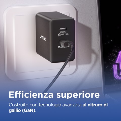 Lenovo Dual USB-C 65W GaN Charger, alimentatore compatto da muro con doppia Type-C, cavo USB-C 1,5 m incluso - ideale per laptop, cellulare e tablet: un solo caricabatterie per più dispositivi