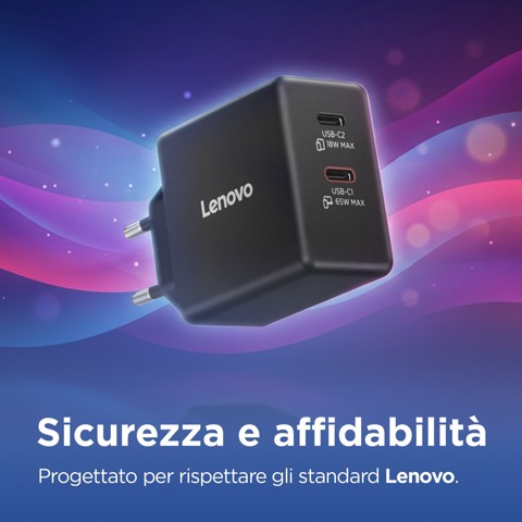 Lenovo Dual USB-C 65W GaN Charger, alimentatore compatto da muro con doppia Type-C, cavo USB-C 1,5 m incluso - ideale per laptop, cellulare e tablet: un solo caricabatterie per più dispositivi