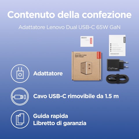 Lenovo Dual USB-C 65W GaN Charger, alimentatore compatto da muro con doppia Type-C, cavo USB-C 1,5 m incluso - ideale per laptop, cellulare e tablet: un solo caricabatterie per più dispositivi