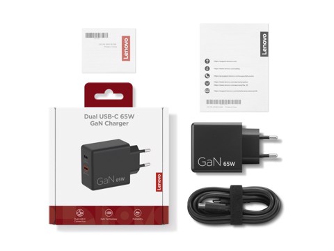 Lenovo Dual USB-C 65W GaN Charger, alimentatore compatto da muro con doppia Type-C, cavo USB-C 1,5 m incluso - ideale per laptop, cellulare e tablet: un solo caricabatterie per più dispositivi