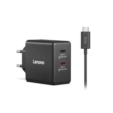 Lenovo Dual USB-C 65W GaN Charger, alimentatore compatto da muro con doppia Type-C, cavo USB-C 1,5 m incluso - ideale per laptop, cellulare e tablet: un solo caricabatterie per più dispositivi