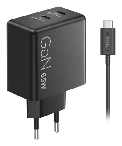 Lenovo Dual USB-C 65W GaN Charger, alimentatore compatto da muro con doppia Type-C, cavo USB-C 1,5 m incluso - ideale per laptop, cellulare e tablet: un solo caricabatterie per più dispositivi
