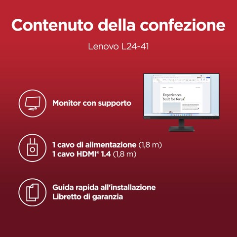 Lenovo L24-4e - Monitor 23.8" IPS Flat FHD 1920x1080 0 100Hz 4ms - 1xHDMI 1.4 + 1xVGA - Stand Tilt Cavo HDMI incluso