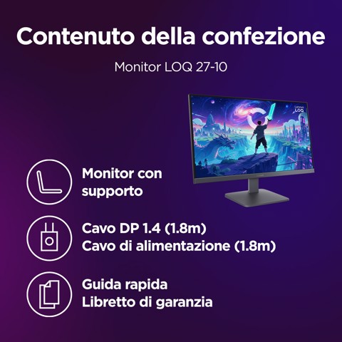 Lenovo LOQ 27-10 - Monitor Gaming 27" IPS Flat FHD 1920x1080 0 200Hz 0.5ms - AMD FreeSync Premium + VESA AdaptiveSync 2xHDMI 2.1 + 1xDP 1.4 - Stand Tilt Cavo DP incluso