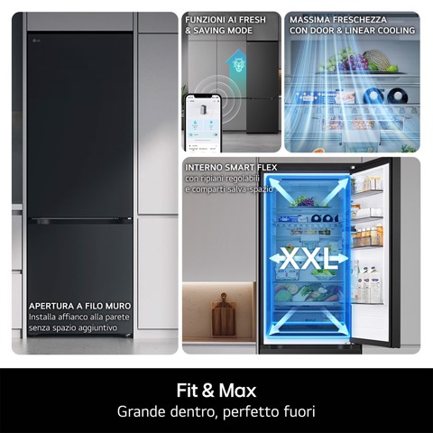 LG GBBW726AEV Frigorifero combinato Fit & Max 70cm, Classe A, 465L, AI Fresh, Wi-Fi, Metal Fresh, Door Cooling, Black Steel