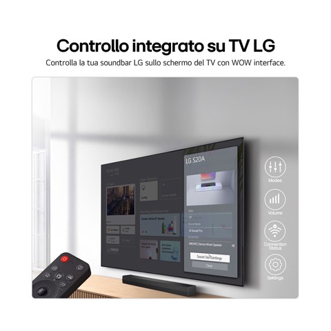 LG Soundbar S20A, 50W su 2.0 canali, Dolby Digital, DTS, AI Sound Pro, HDMI ARC, Bluetooth, USB