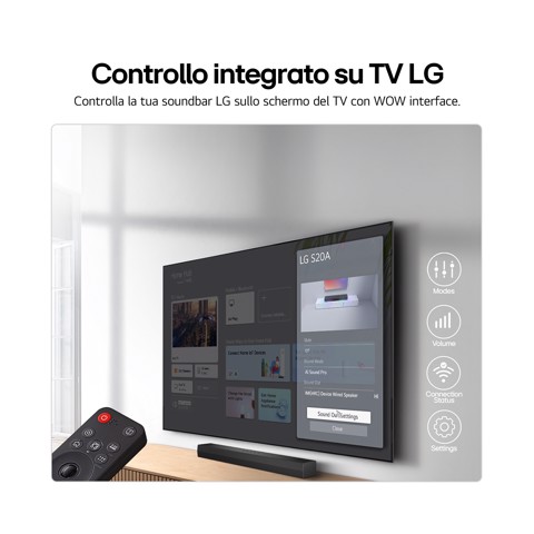 LG Soundbar S20A, 50W su 2.0 canali, Dolby Digital, DTS, AI Sound Pro, HDMI ARC, Bluetooth, USB