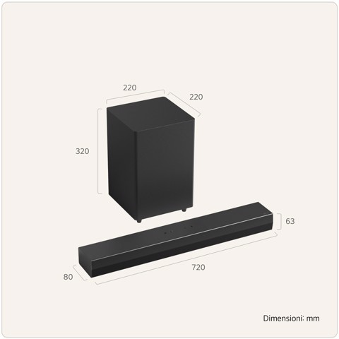 LG Soundbar S30A, 140W su 2.1 canali, Dolby Digital, DTS, Subwoofer wireless, AI Sound Pro, HDMI ARC, Bluetooth, USB