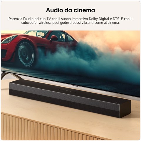LG Soundbar S30A, 140W su 2.1 canali, Dolby Digital, DTS, Subwoofer wireless, AI Sound Pro, HDMI ARC, Bluetooth, USB