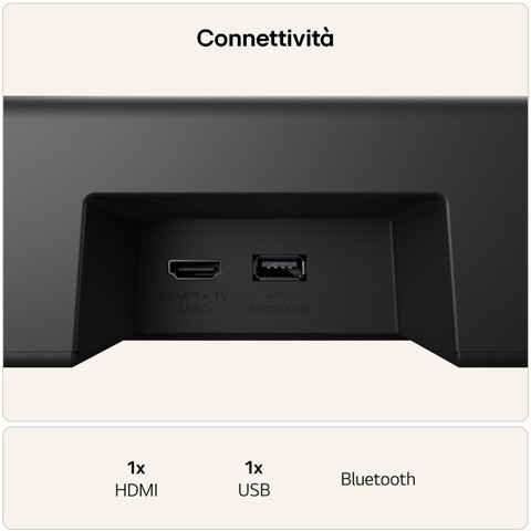LG Soundbar S30A, 140W su 2.1 canali, Dolby Digital, DTS, Subwoofer wireless, AI Sound Pro, HDMI ARC, Bluetooth, USB