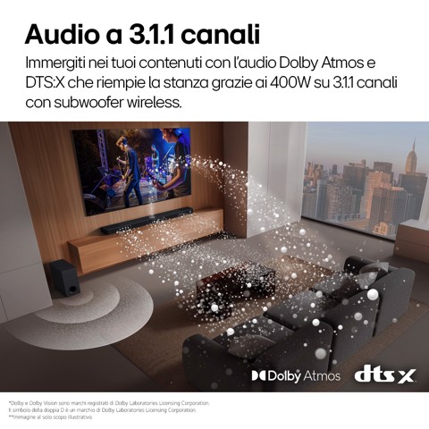 LG Soundbar S70TY, 400W su 3.1.1 canali, Dolby Atmos, DTS:X, Speaker centrale up-firing
