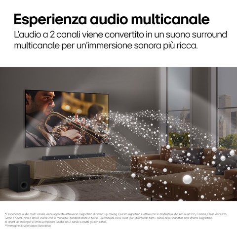 LG Soundbar S70TY, 400W su 3.1.1 canali, Dolby Atmos, DTS:X, Speaker centrale up-firing