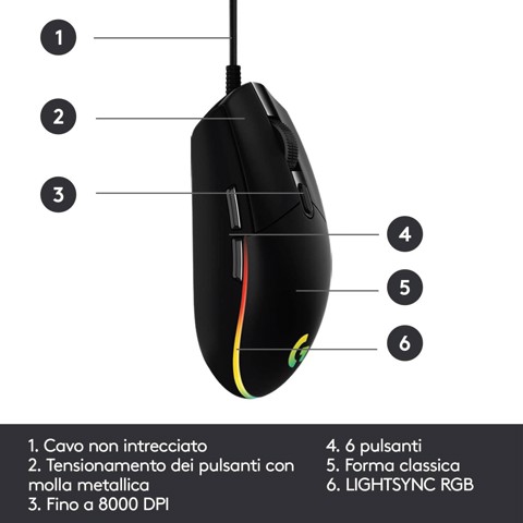 Logitech G G203 LIGHTSYNC mouse gaming a filo