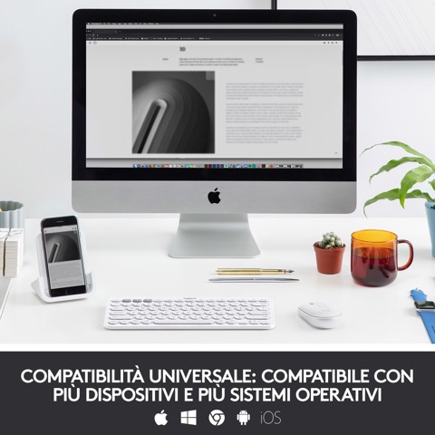 Logitech K380 Multi-Device Tastiera Bluetooth Wireless, Design Easy-Switch, Sottile, Portatile, 2 Anni di Batteria, Funziona con PC, Laptop, Windows, Mac, Android, iPad OS, Apple TV. Bianco