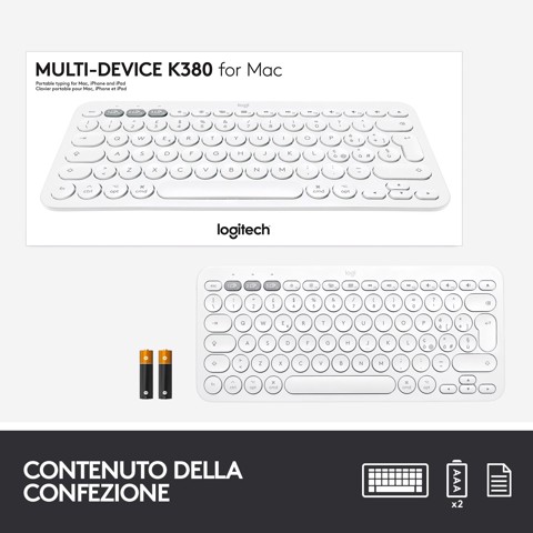 Logitech K380 Tastiera Bluetooth Multidispositivo per Mac, Sottile e Compatta, Easy-Switch fino a 3 Dispositivi, Compatibile con macOS, iOS, iPadOS, Layout Italiano