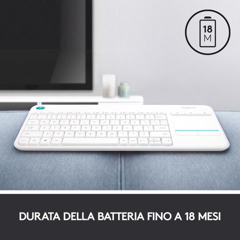 Logitech K400 Plus Tastiera Wireless Touch TV, Facili Controlli Multimediali e Touchpad Integrato, Tastiera HTPC per TV Collegata al PC, Windows, Android, Chrome OS, Laptop, Tablet