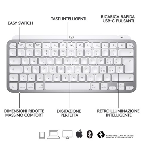 Logitech MX Keys Mini per Mac Tastiera Wireless, Minimal, Compatta, Bluetooth, Tasti Retroilluminati, USB-C, Digitazione Tattile, Compatibile con Apple macOS, iPad OS, in Metallo