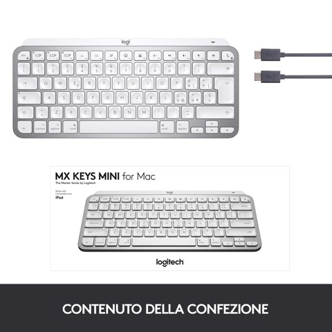 Logitech MX Keys Mini per Mac Tastiera Wireless, Minimal, Compatta, Bluetooth, Tasti Retroilluminati, USB-C, Digitazione Tattile, Compatibile con Apple macOS, iPad OS, in Metallo