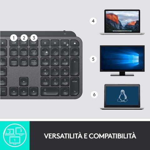 Logitech , MX Keys, tastiera wireless avanzata con illuminazione, digitazione reattiva, retroilluminazione, Bluetooth, USB-C, Apple, macOS, Microsoft Windows, Linux, iOS, Android, struttura in metallo