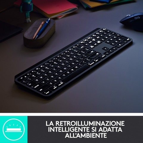 Logitech MX Keys Tastiera Wireless Illuminata Avanzata per Mac, Digitazione Tattile, Tasti Retroilluminati a LED, Bluetooth, USB-C, Batteria 10 giorni, Apple macOS, Struttura Metallica
