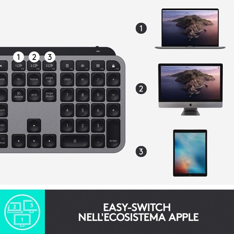 Logitech MX Keys Tastiera Wireless Illuminata Avanzata per Mac, Digitazione Tattile, Tasti Retroilluminati a LED, Bluetooth, USB-C, Batteria 10 giorni, Apple macOS, Struttura Metallica