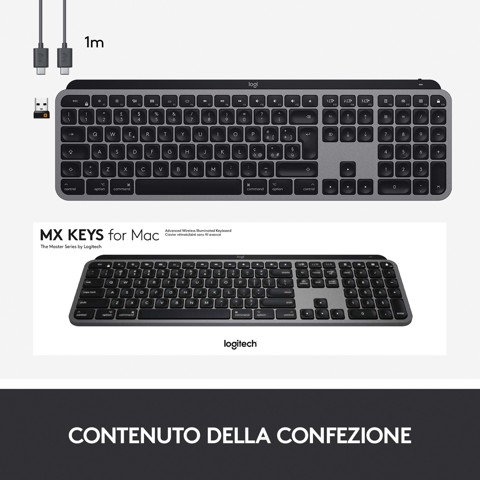 Logitech MX Keys Tastiera Wireless Illuminata Avanzata per Mac, Digitazione Tattile, Tasti Retroilluminati a LED, Bluetooth, USB-C, Batteria 10 giorni, Apple macOS, Struttura Metallica