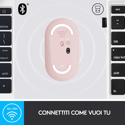 Logitech Pebble, mouse wireless con Bluetooth o ricevitore da 2,4 GHz, mouse per computer con clic silenzioso per laptop, notebook, iPad, PC e Mac. Rosa