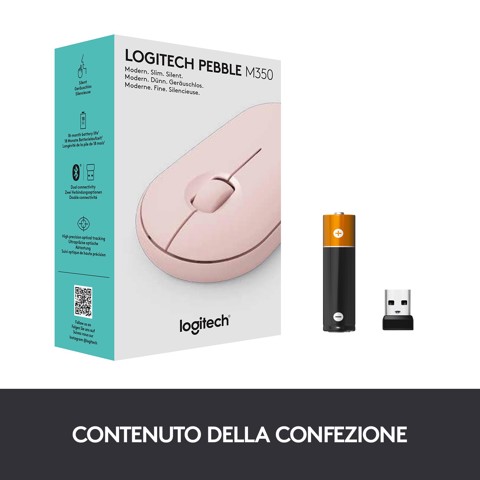 Logitech Pebble, mouse wireless con Bluetooth o ricevitore da 2,4 GHz, mouse per computer con clic silenzioso per laptop, notebook, iPad, PC e Mac. Rosa
