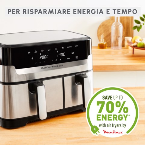 Moulinex Dual Easy Fry & Grill, Capacità 8,3 L, Doppio Cestello, Friggitrice ad Aria e Griglia, 8 Programmi Preimpostati, Componenti Lavabili In Lavastoviglie, Infinite Ricette, App Dedicata, EZ905D