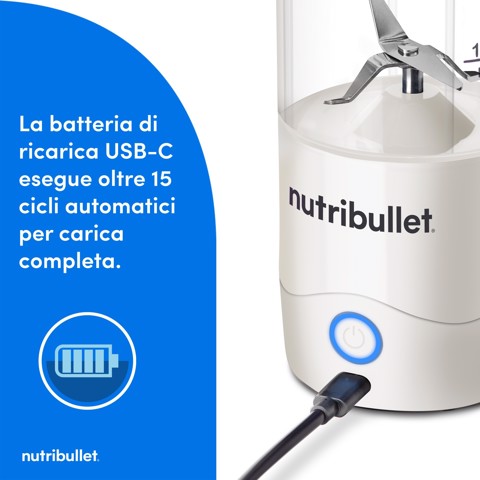 NutriBullet Portable – Mini Frullatore Compatto e Portatile, Ricaricabile USB-C, Smoothie Maker, Bianco (NBP003W)