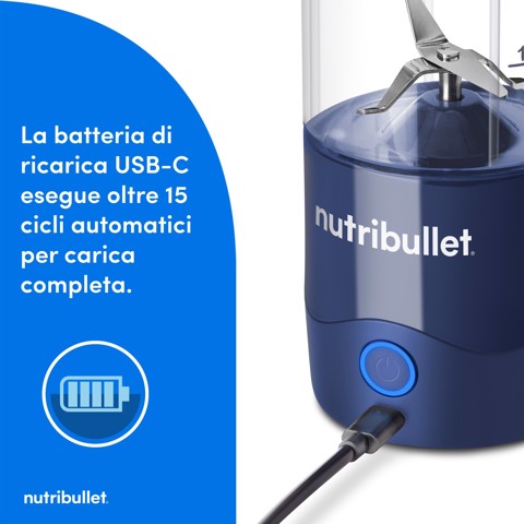 NutriBullet Portable – Mini Frullatore Compatto e Portatile, Ricaricabile USB-C, Smoothie Maker, Blu (NBP003NBL)