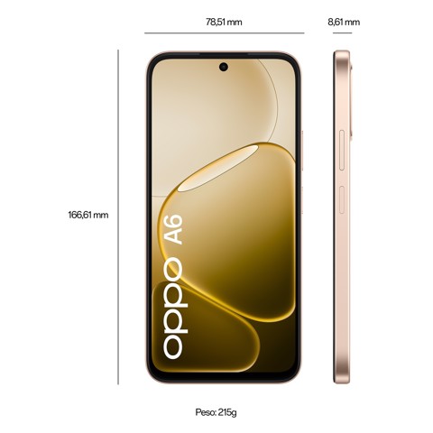 OPPO A6 AI Smartphone, doppia fotocamera 50MP+2, Selfie 8MP, Display 6.75” 120HZ IPS HD+, 6550mAh, RAM 6GB(Esp2GB/4GB/6GB)+ROM 256GB [Versione Italia], Aurora Gold