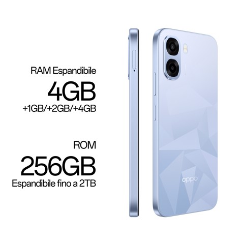 OPPO A6k AI Smartphone, doppia fotocamera 13MP+QVGA, Selfie 5MP, Display 6.75” 120HZ IPS HD+, 6100mAh, RAM 4GB(Esp1GB/2GB/4GB)+ROM 256GB [Versione Italia], Crystal Blue