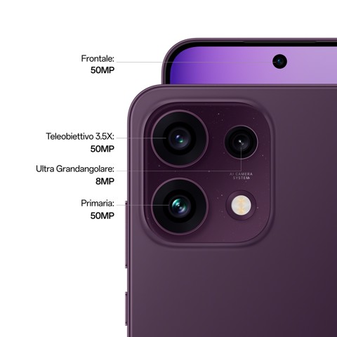 OPPO Reno16 F 5G AI Smartphone, Tripla fotocamera 50+8+50MP, Selfie 50MP, Display 6.57” 120HZ AMOLED FHD+, 6500mAh, RAM 8GB(Esp2GB/4GB/8GB)+ROM 256GB [Versione Italia], Purple Black